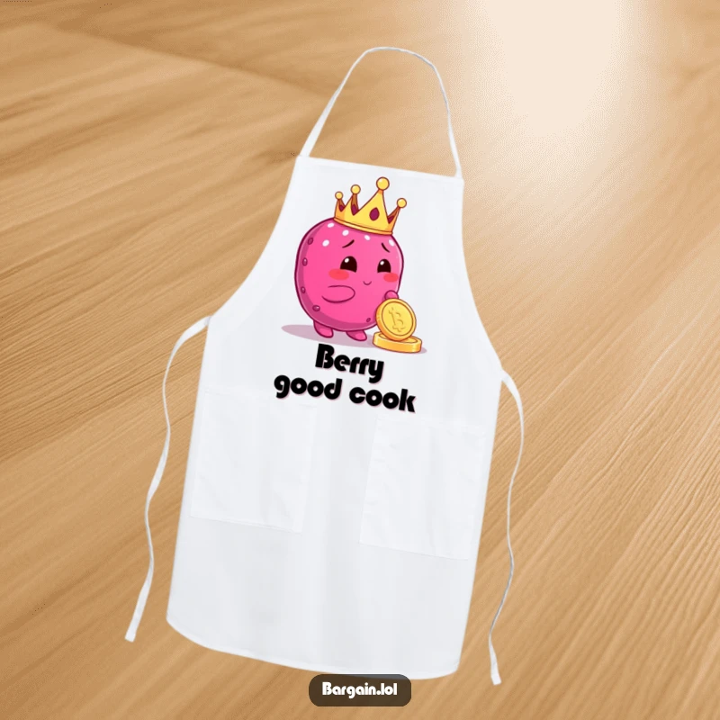Funny apron featuring a crowned plump berry character admiring a shiny coin, perfect for chefs who rule with flavor.