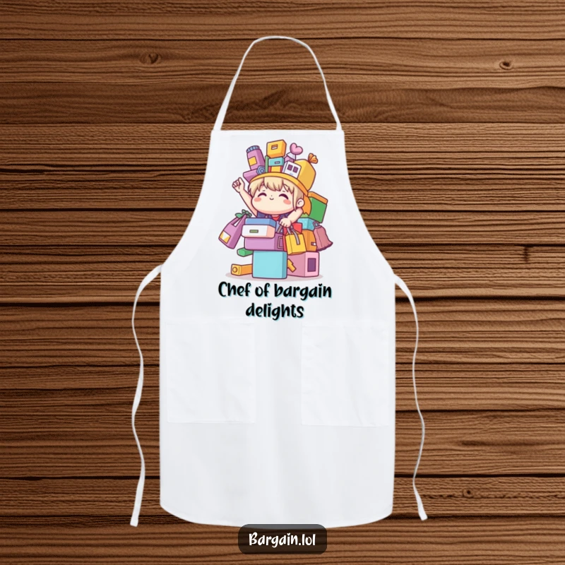 Funny cute character triumphantly balancing colorful mismatched bargain items, printed on a kitchen apron for humorous cooking.
