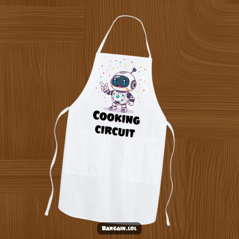 Funny apron featuring a round robot character enthusiastically pointing at a burst of confetti, perfect for cooks who love to celebrate.