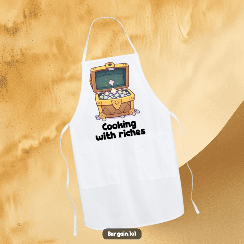 Funny apron featuring a tiny sparkly gem being tossed into an overflowing treasure chest, perfect for kitchen adventures and protecting clothes.