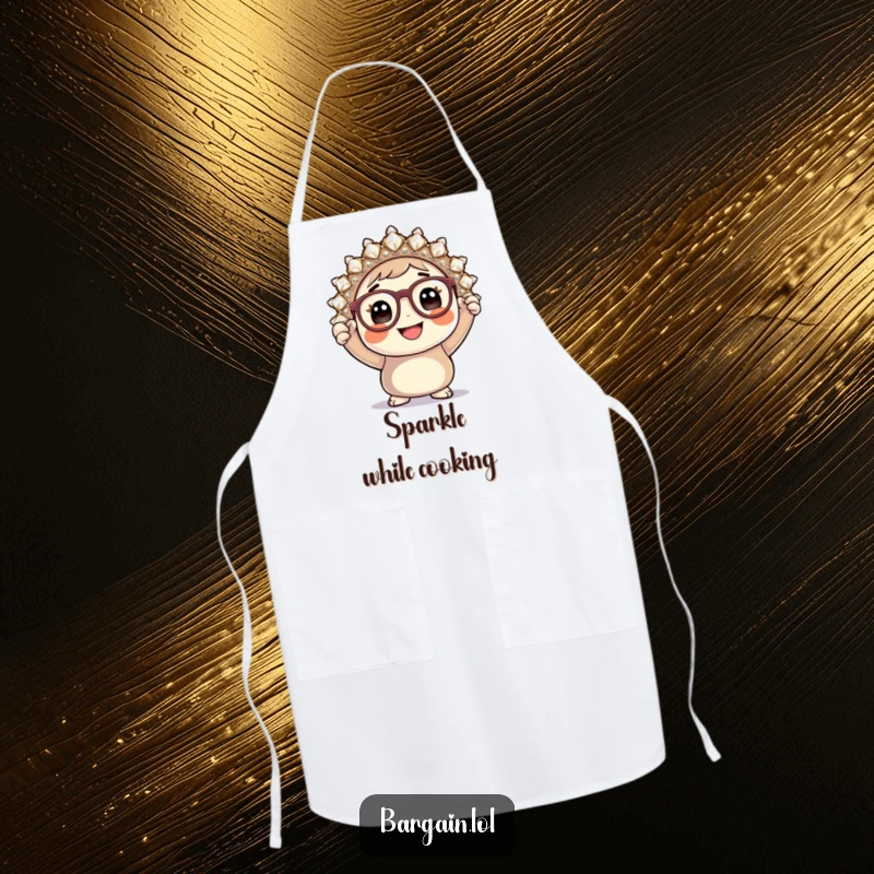 Funny apron, round character with glasses holding a huge sparkly brooch, cooking humor for chefs.