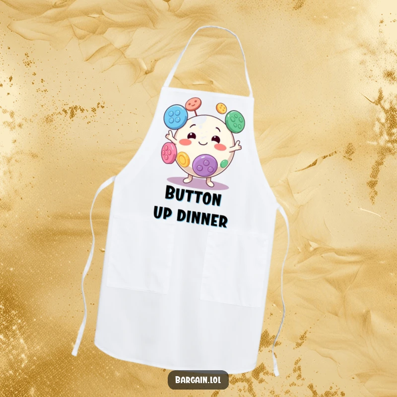 Funny apron featuring a spherical character with a goofy smile juggling big, colorful sewing buttons.