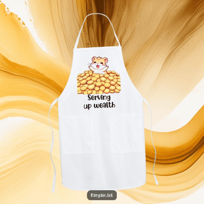 Funny tiny hamster diving into oversized, glittering coins, perfect for a humorous kitchen apron design.
