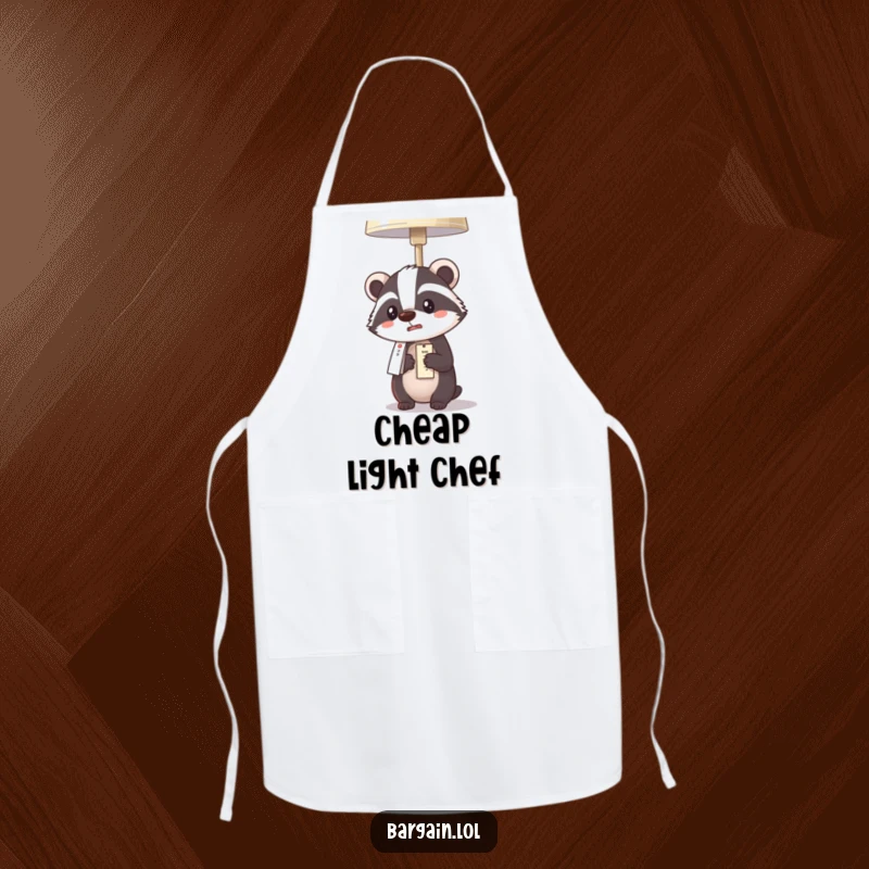 Funny Kawaii badger apron depicting a badger comically surprised by a cheap lamp price, perfect for kitchen fun.