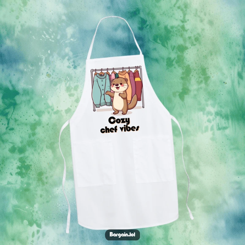 Funny Kawaii otter apron depicting a happy otter dancing near sweaters, perfect for fun kitchen activities.