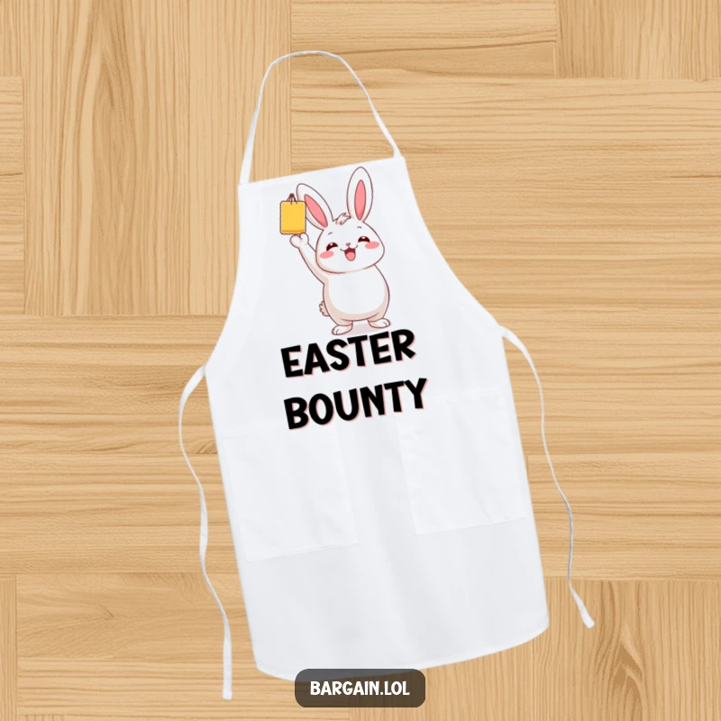 Funny apron featuring a chubby bunny victoriously holding a single, brightly colored bargain item.