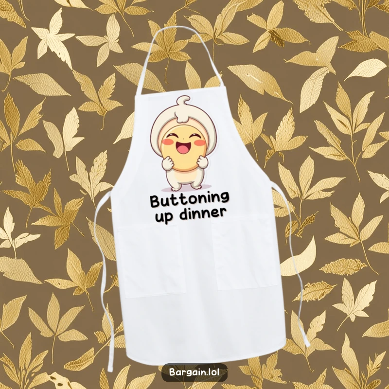 Funny Apron: A happy little creature beams proudly while holding a comically large button, perfect for a fun kitchen.