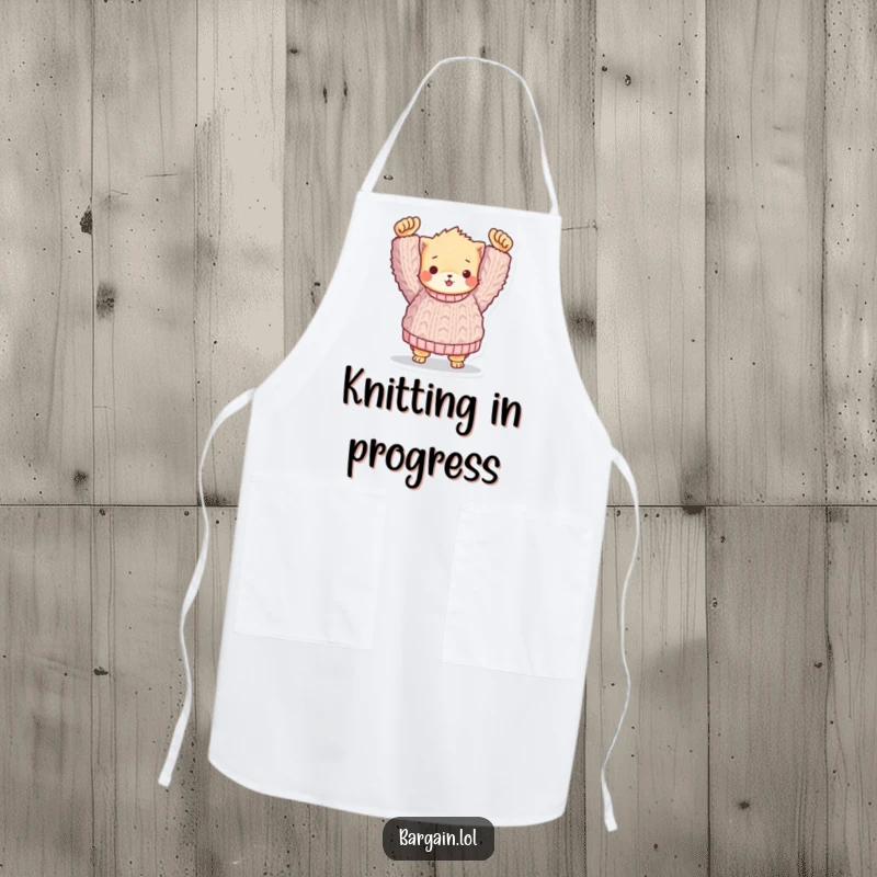 Funny apron: A small, fuzzy creature beaming with pride over a giant knitted sweater, a humorous kitchen accessory.