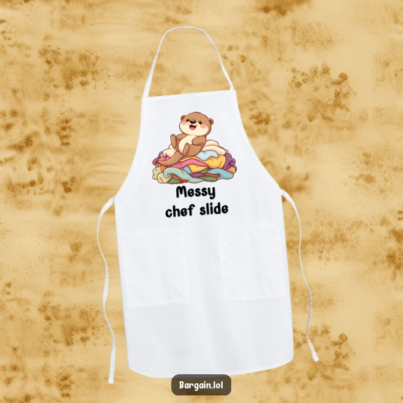 Funny apron depicting a cute otter character gleefully sliding down a pile of colorful garments, perfect for kitchen antics.