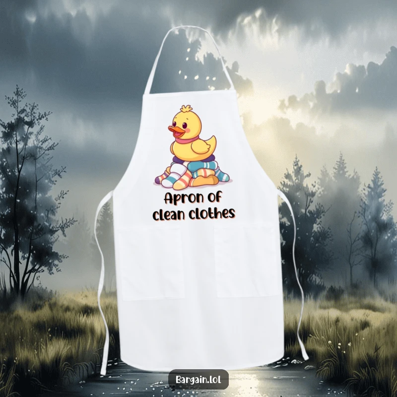 Funny apron with a rubber ducky gleefully balancing mismatched socks, bringing a humorous and playful touch to any task.