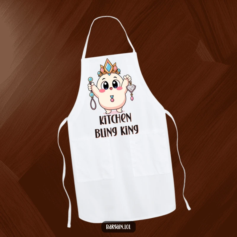 Funny apron showing a blobby character with enormous eyes triumphantly holding up a cheap, colorful piece of costume jewelry.