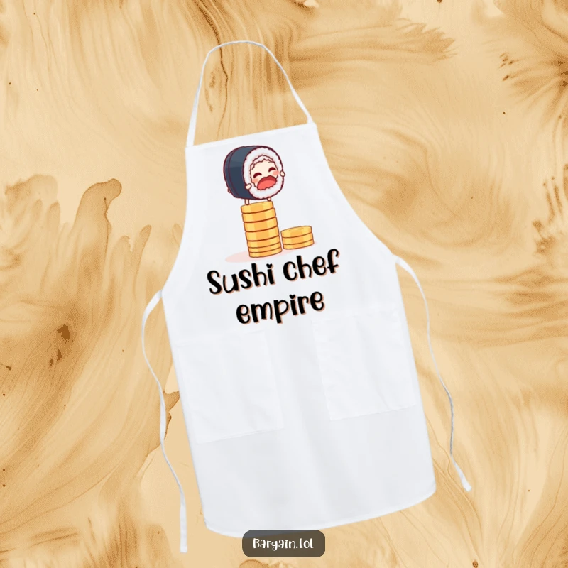 Funny apron with a giggling sushi roll balancing on a stack of coins, ideal for a humorous cooking experience.