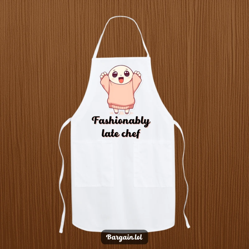 Funny round character with big eyes holding a tattered, oversized sweater, printed on a kitchen apron for a humorous cooking experience.
