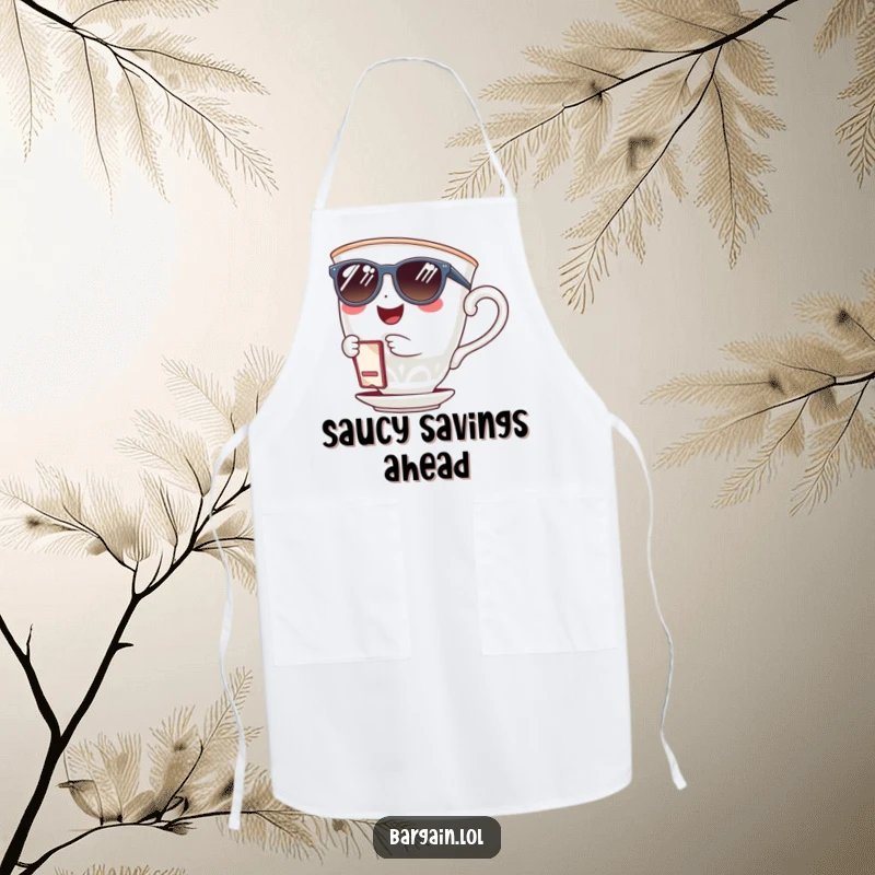Funny giggling teacup wearing sunglasses and holding a tiny coupon clip on a kitchen apron. A humorous and practical accessory.