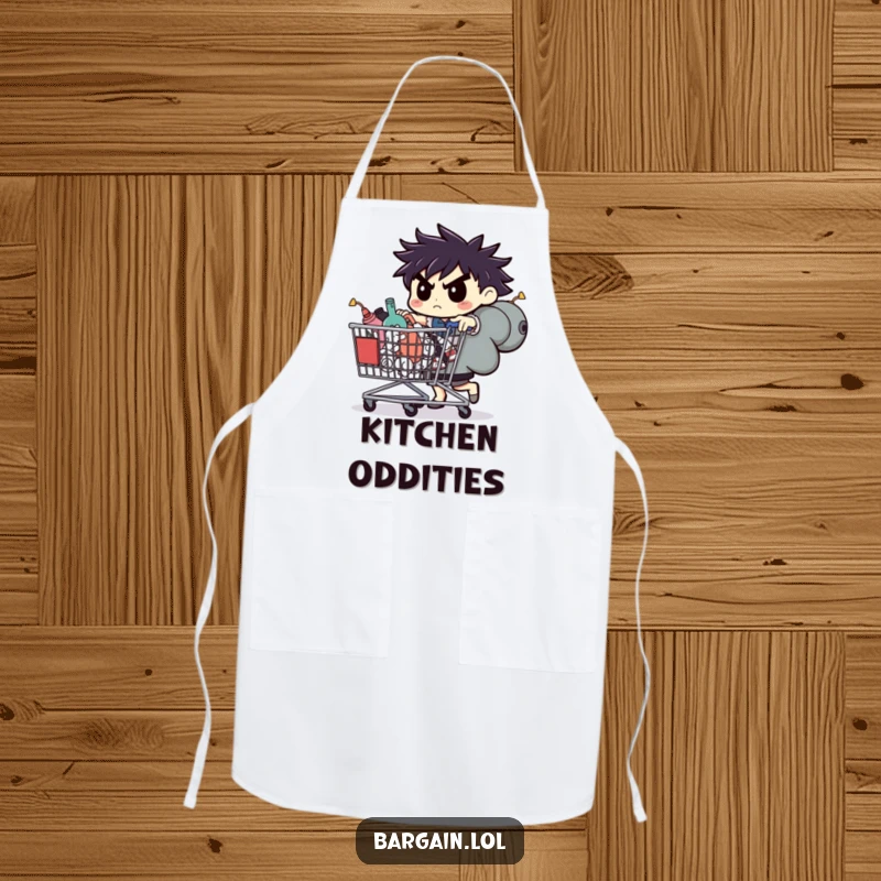 Funny apron, determined character pushing a huge shopping cart full of oddities, cooking humor.