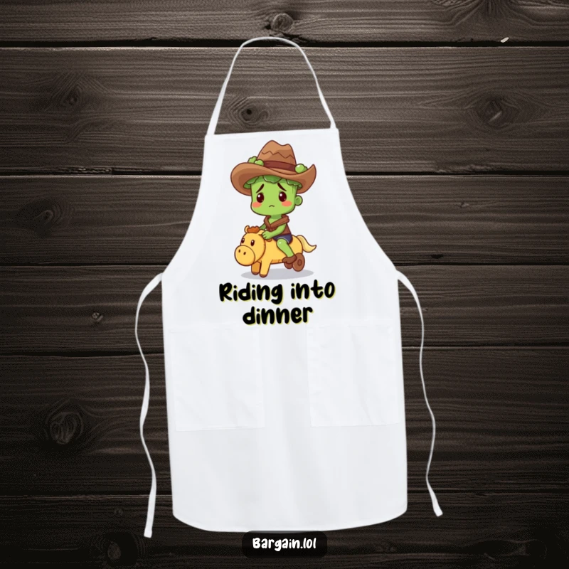 Funny apron with a confused broccoli sprout wearing a cowboy hat, riding a squeaky toy, ideal for kitchen fun.
