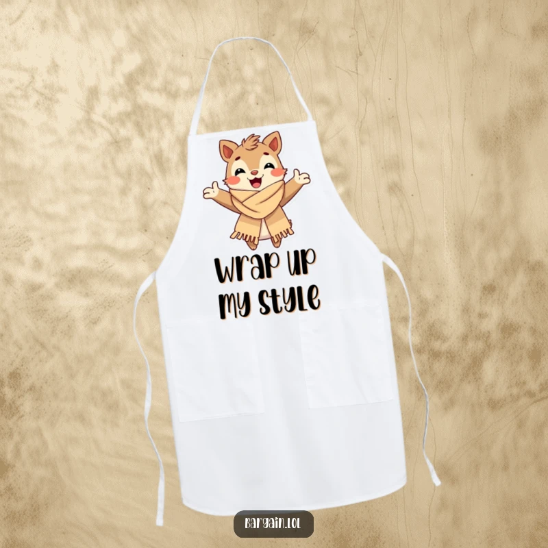 Funny Apron: A happy creature dons a fashionable, slightly tattered scarf, bringing quirky style and humor to any culinary endeavor.