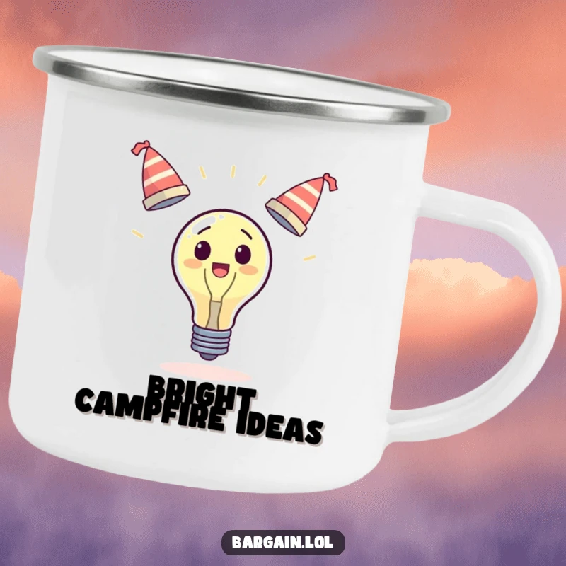 Funny surprised lightbulb camping mug, juggling three wobbly hats, for outdoor use, hilarious funny gift.