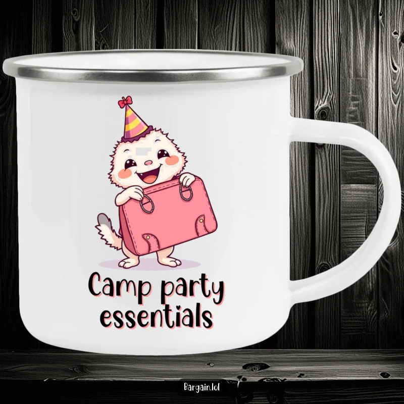 Funny Camping Mug: A happy creature in a party hat poses with a huge retro handbag, perfect for enjoying drinks outdoors.