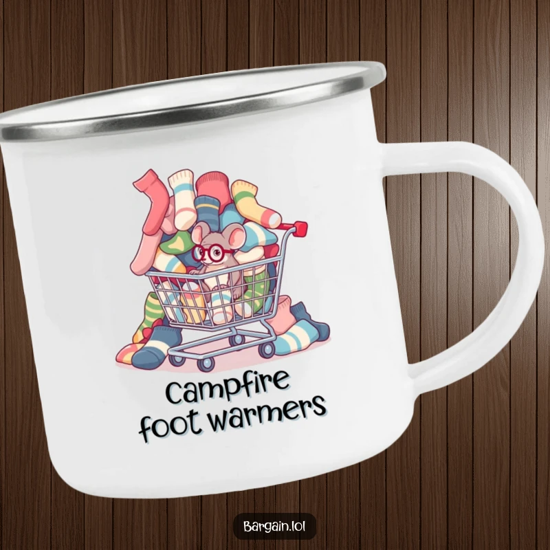Funny tiny mouse with a monocle inspecting mismatched socks spilling from a shopping cart on a durable camping mug.