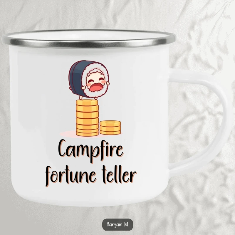 Funny camping mug with a giggling sushi roll precariously balancing on a stack of coins, for outdoor laughs.