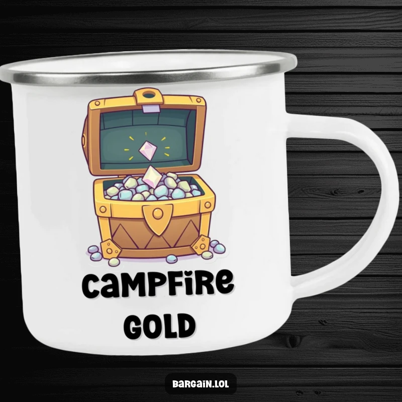 Funny camping mug depicting a tiny sparkly gem tossed into an overflowing treasure chest, perfect for adventurers who love a bit of fantasy.