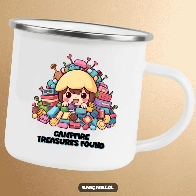 Funny Camping Mug: Character peeking from behind colorful second-hand treasures, for outdoor thrifting.