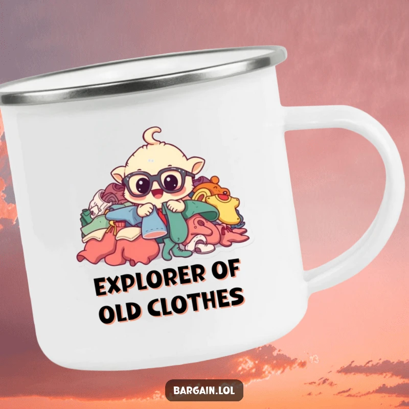 Funny camping mug featuring a whimsical creature with large spectacles, digging through a pile of used clothing.