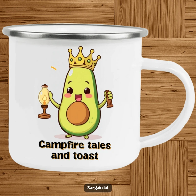 Funny triumphant avocado wearing a paper crown holding a dusty vintage lamp on a sturdy camping mug.