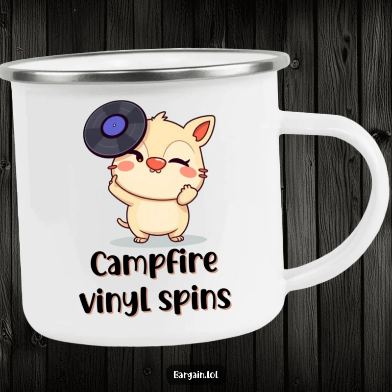 Funny Camping Mug: A mischievous creature winks while balancing vinyl records on its nose, perfect for music lovers outdoors.