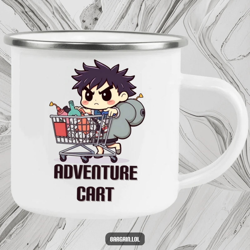 Funny camping mug, determined character pushing a large cart of oddities, outdoor enamel mug.