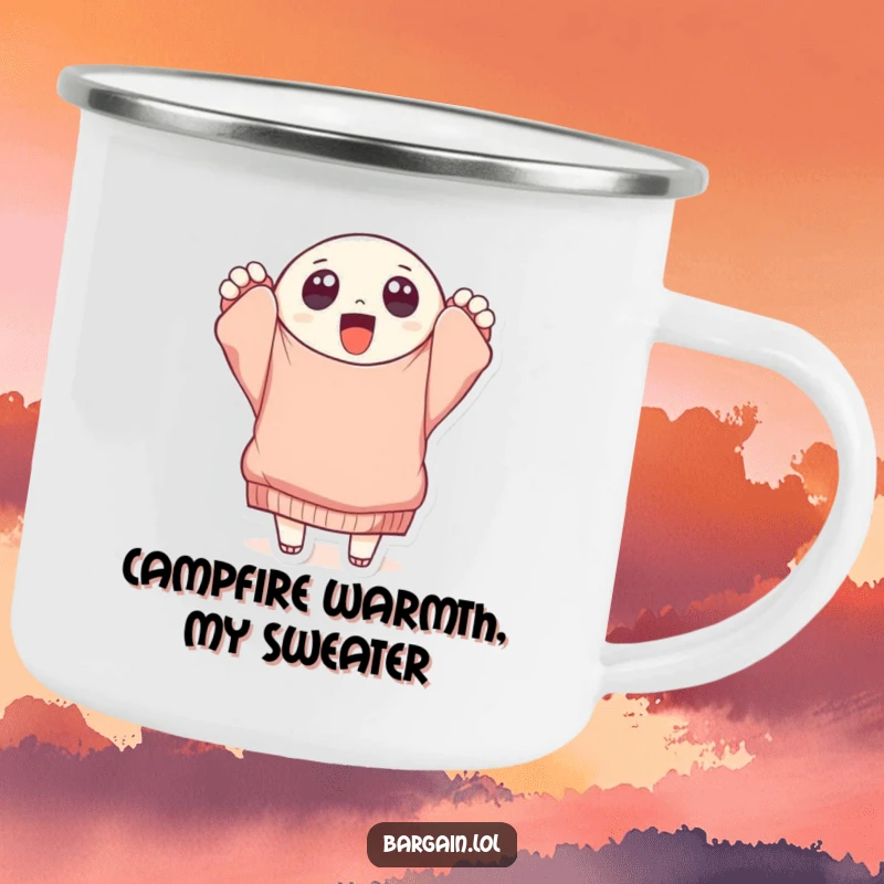 Funny round character happily holding a tattered, oversized sweater, designed for outdoor fun on a sturdy camping mug.