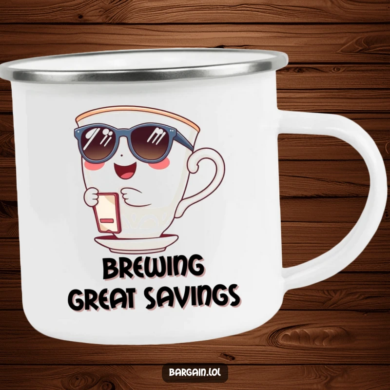 Funny giggling teacup wearing sunglasses and holding a tiny coupon clip on a camping mug. A humorous and practical item.