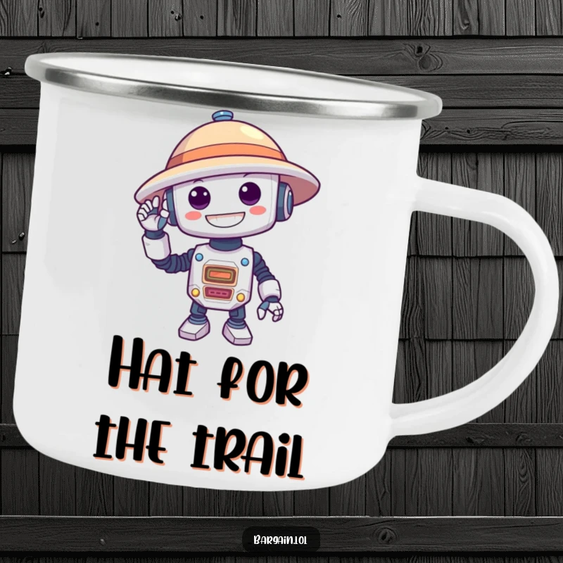 Funny camping mug showing a silly robot with a delighted grin trying to wear an oversized hat, perfect for outdoor humor.