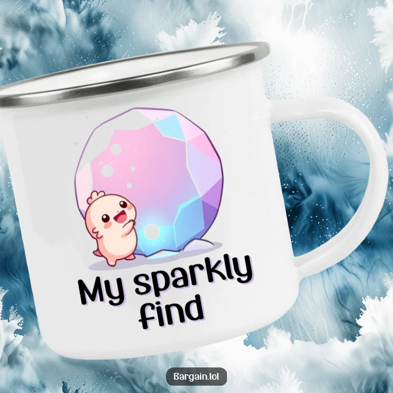 Funny camping mug: A tiny creature thrilled by finding a massive, sparkling gem, ideal for outdoor humor.