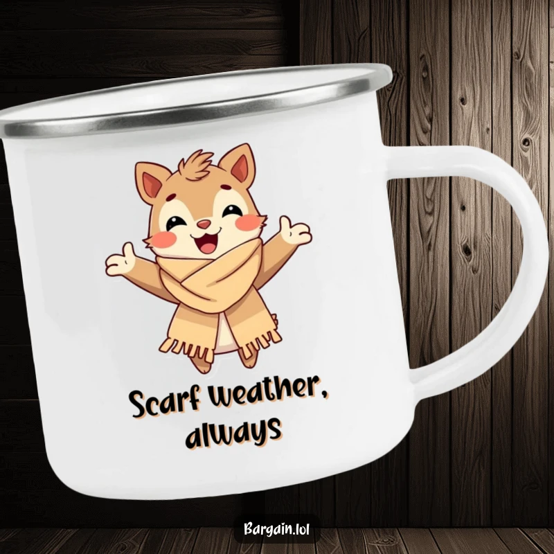 Funny Camping Mug: A happy creature embraces its stylish, slightly tattered scarf, perfect for enjoying warm drinks in the wild.