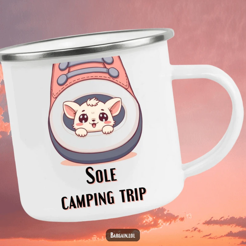 Funny camping mug with a tiny creature peeking from a giant shoe, ready for outdoor fun.