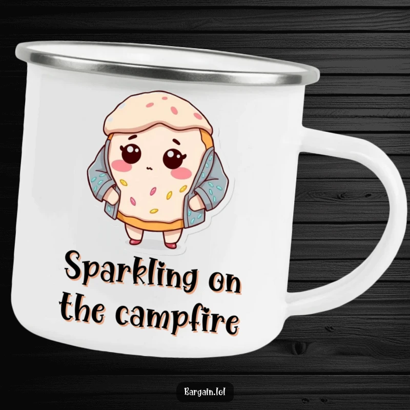 Funny camping mug showing a bewildered donut in an oversized sequined jacket, perfect for outdoor enthusiasts who appreciate humor.