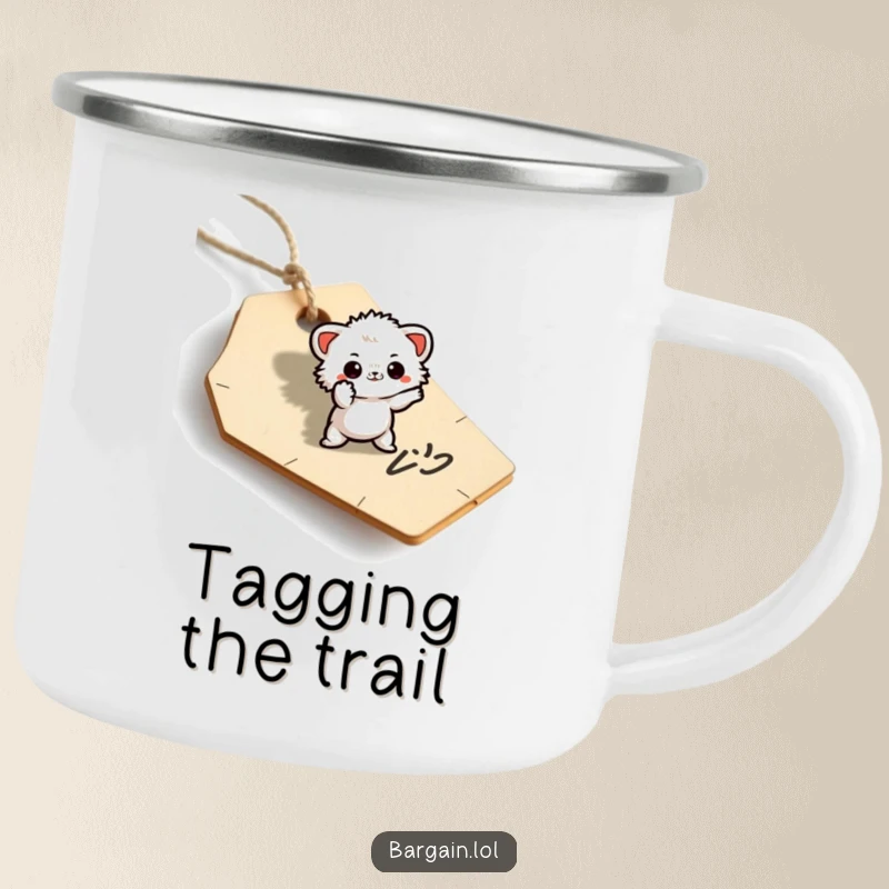 Funny camping mug with a small fuzzy being striking a theatrical pose on a discarded price tag.