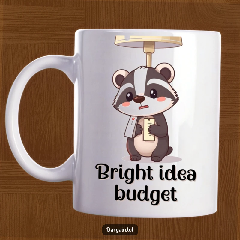 Funny Kawaii badger mug showing a badger comically surprised by a low lamp price, ideal for bargain hunters.