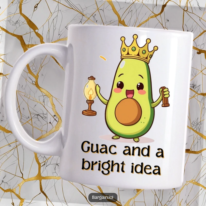 Funny triumphant avocado wearing a paper crown holding a dusty vintage lamp on a mug, celebrating healthy choices.