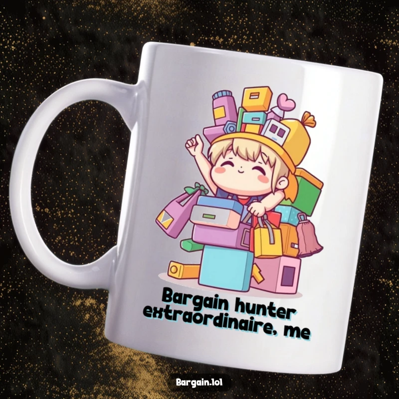 Funny cute character triumphantly balancing a colorful stack of mismatched bargain items, celebrating shopping success on a mug.