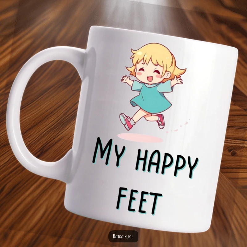 Funny mug of a character skipping joyfully, trailing glitter and wearing comically small shoes, expressing pure, unadulterated fun.