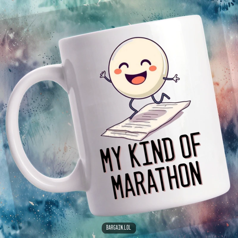 Funny mug with a smiling button character with legs hopping excitedly over a discarded crumpled receipt, symbolizing triumph over mess.