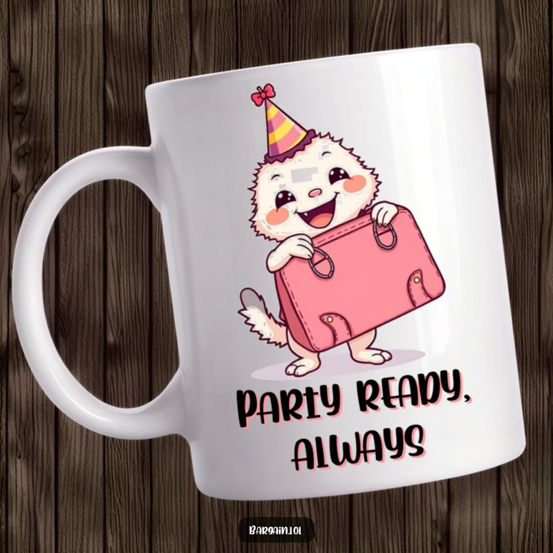 Funny Mug: A happy creature in a party hat poses proudly with a comically large, vintage handbag, radiating pure delight.