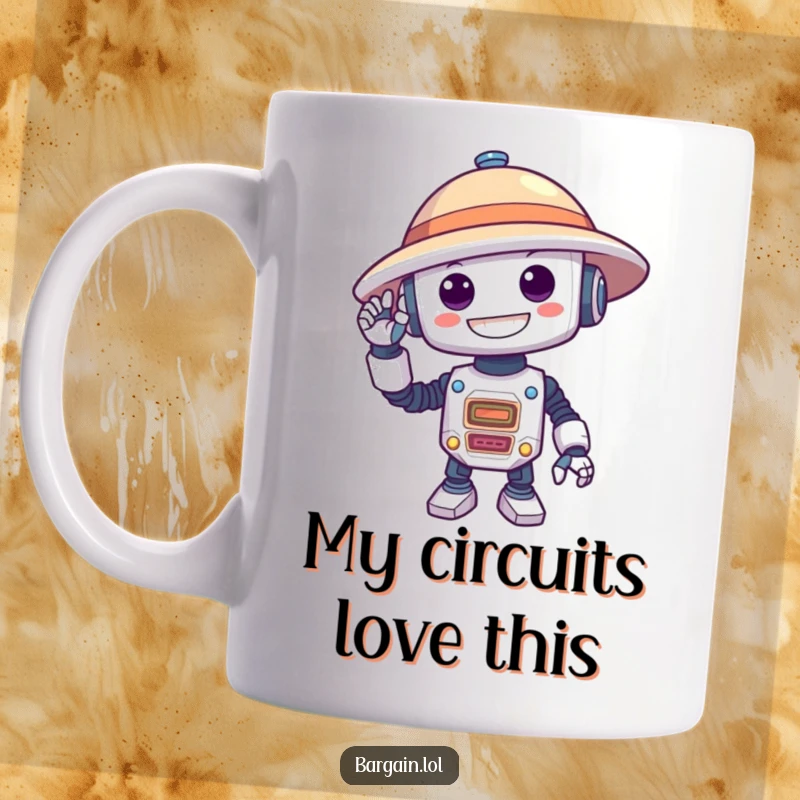 Funny mug showing a silly robot with a huge grin, struggling comically to put on an oversized hat.