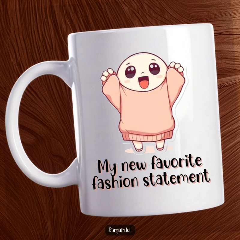 Funny round character with big eyes excitedly holding a massive, tattered sweater, conveying pure joy and thrift store delight on a mug.