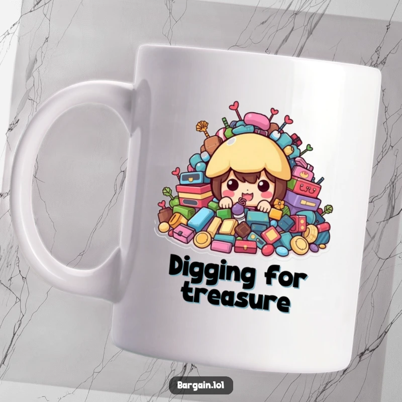 Funny Mug: Character hiding behind colorful, second-hand treasures, peeking out with excitement.