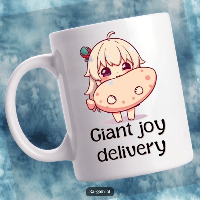 Funny mug showing a character with pure delight, holding a ridiculously oversized novelty item, embodying innocent joy and wonder.