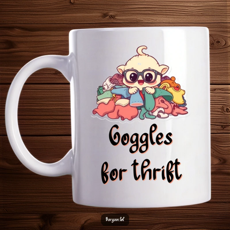 Funny mug featuring a whimsical creature with oversized spectacles, excitedly digging through a large pile of second-hand clothing.